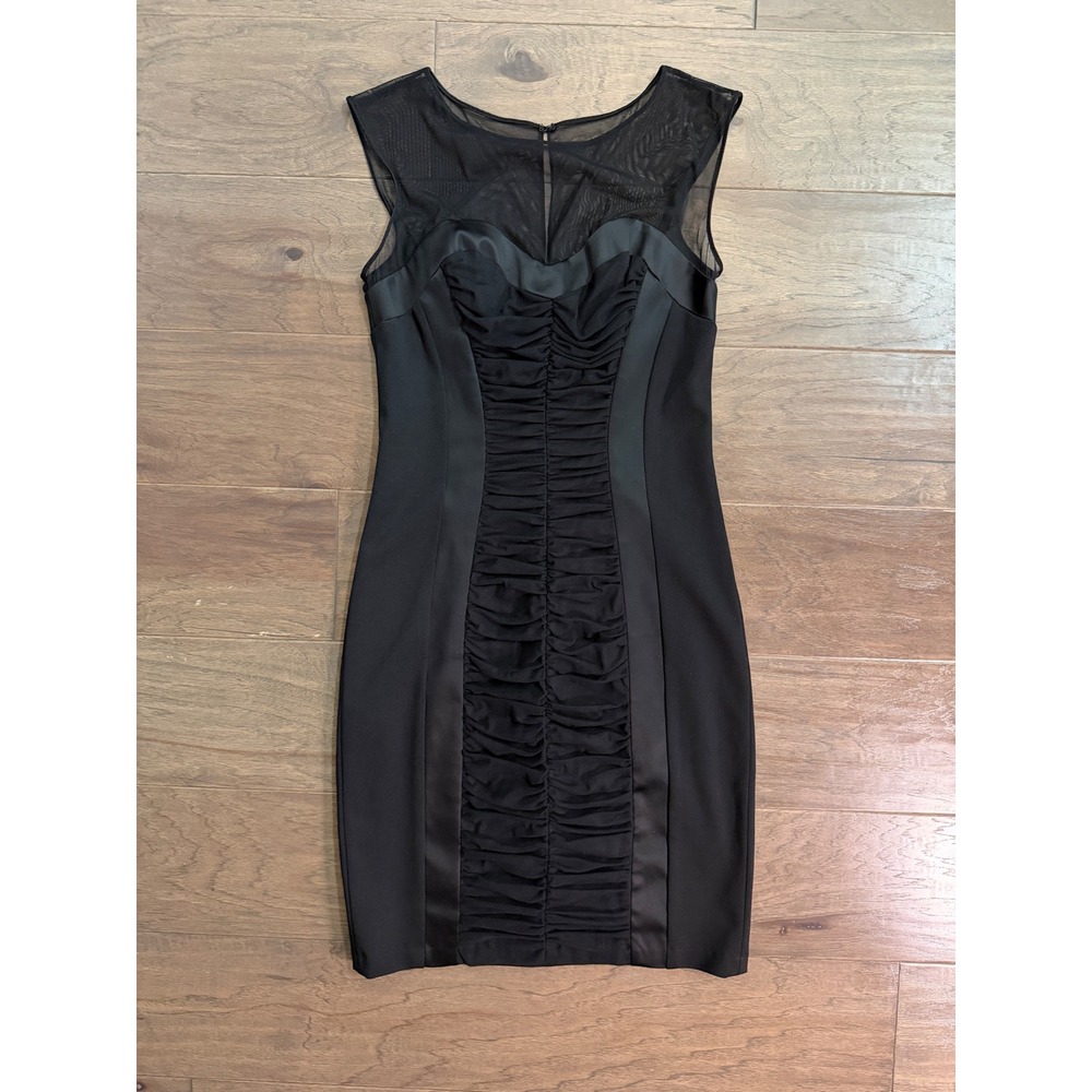 Cache Black Mesh Ruched‎ Bodycon Cocktail Dress Size 8 Sleeveless Illusion Neck